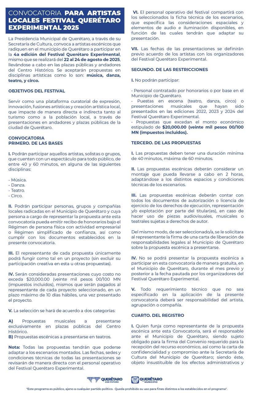 Imagen de Lanza Secretaría de Cultura Municipal convocatoria para artistas locales para el Festival Querétaro Experimental 2025 4